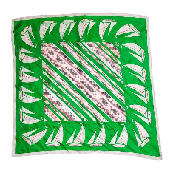 Vintage Echo Silk Scarf Green Nautical Sailboat Print Red Black Stripes As-Is - Picture 1 of 16
